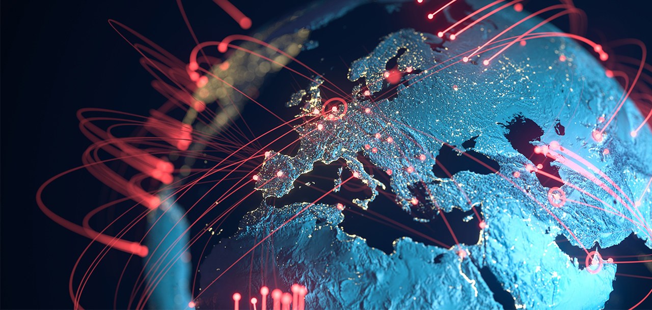 Europa bei Nacht mit leuchtenden Verbindungslinien