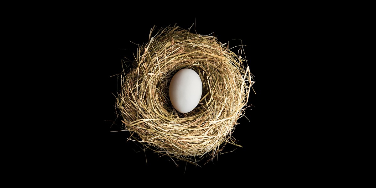 Ein Ei in einem Nest aus Stroh vor schwarzem Grund